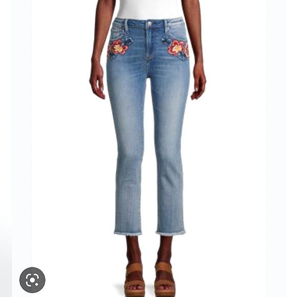 Driftwood Colette High Rise Fray Hem Jean Straight Crop Floral Applique  Size 25 - Picture 2 of 13